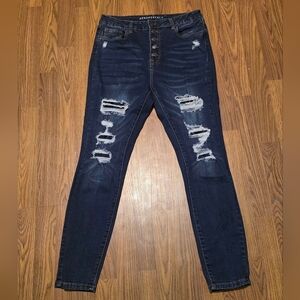 Aeropostale High Rise Distressed Skinny Blue Jeans Size 12 Dark Wash Button Fly